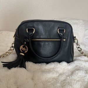 Michael Kors Black Pebbled Leather Satchel with Gold Hardware and Tassel Charm
